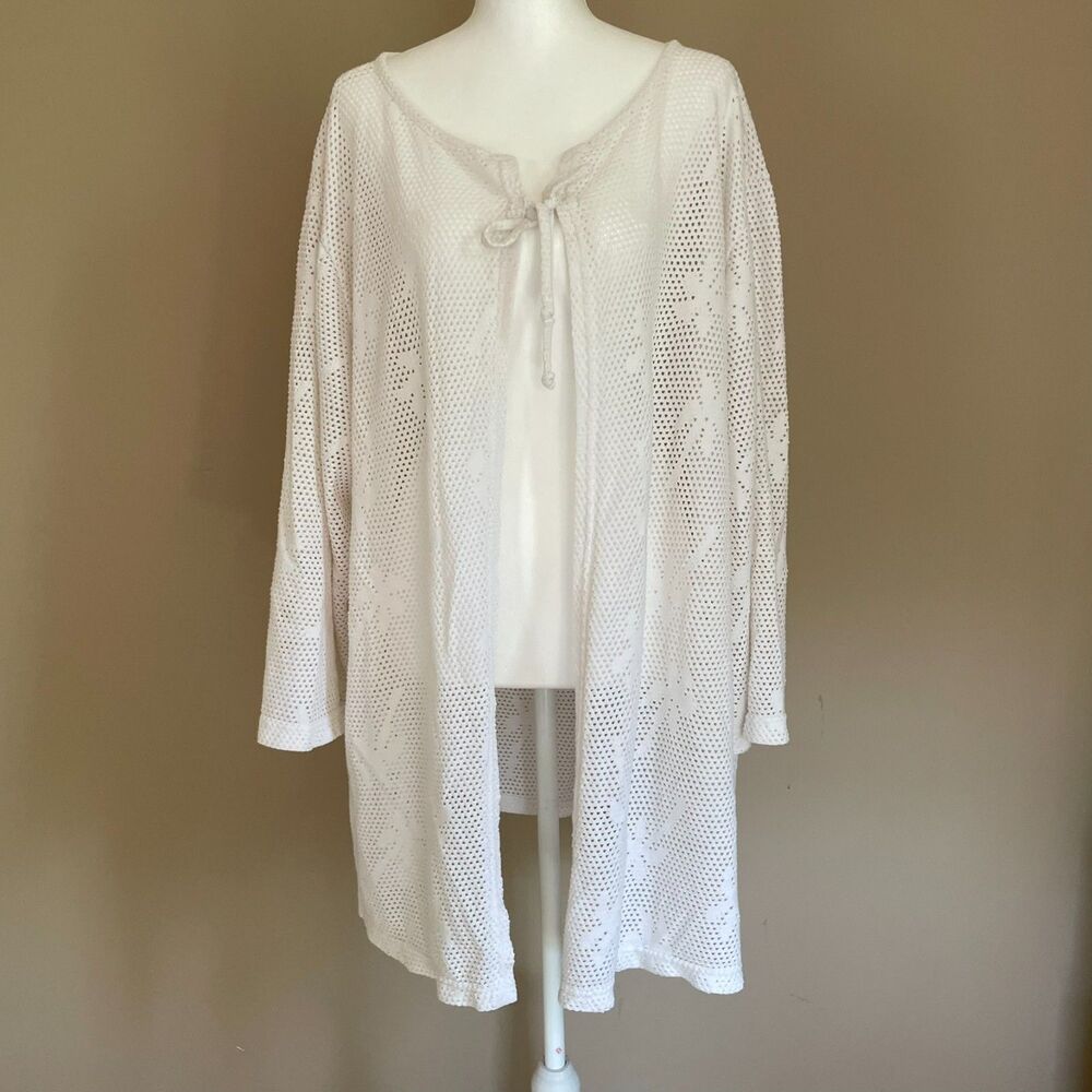 Beach Cabana White Mesh Hawaiian Palm Tree Print Knit Cover Up Beachy Coastal